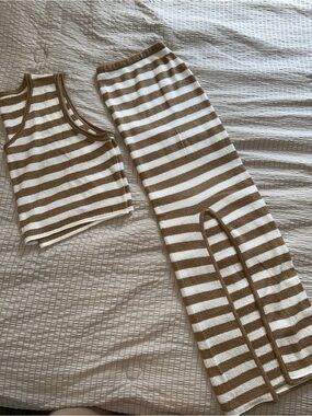 2 pc Striped Terry Knit Tank and Skirt Set in Cream & Brown
